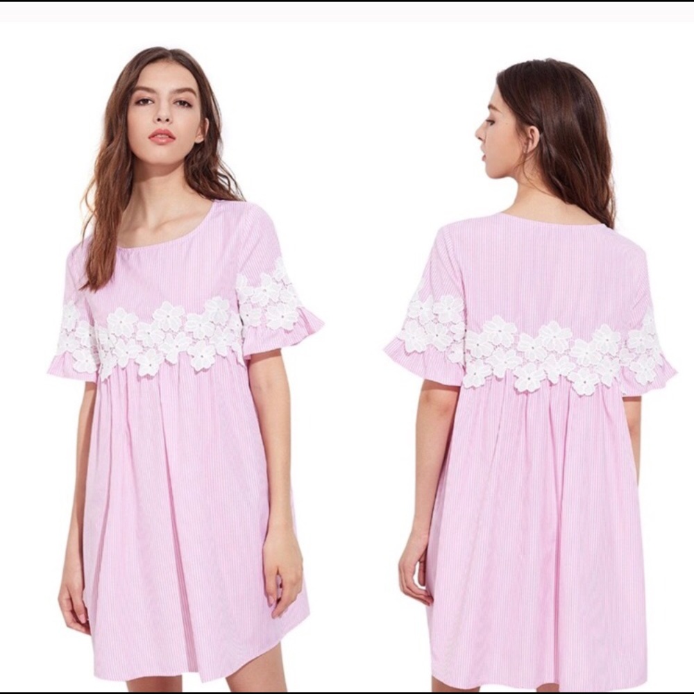 Pink Stripped Babydoll Dress-Flowers Embroidered!